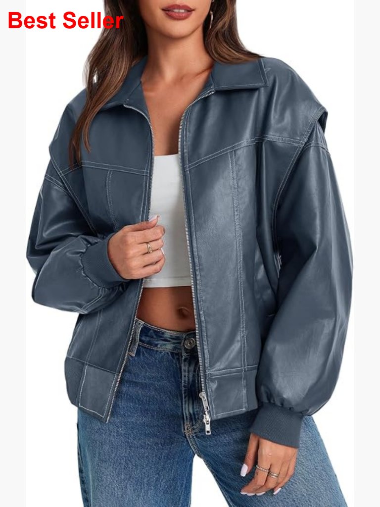 Oversized Faux Leather Bomber Jacket Zip Up Motorcycle Coat With Pockets
